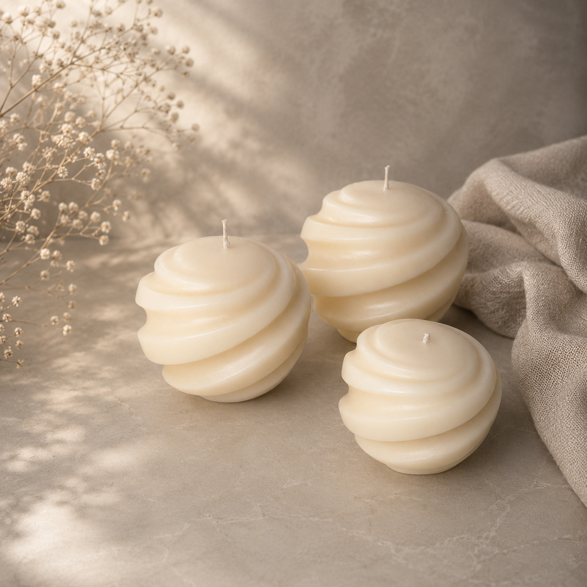 Nude Harmony sage green spiral sphere candle set of three