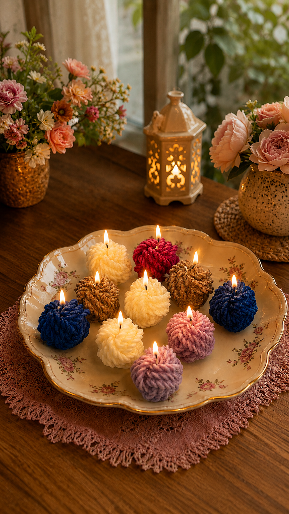Hot pink yarn ball knot candle pair