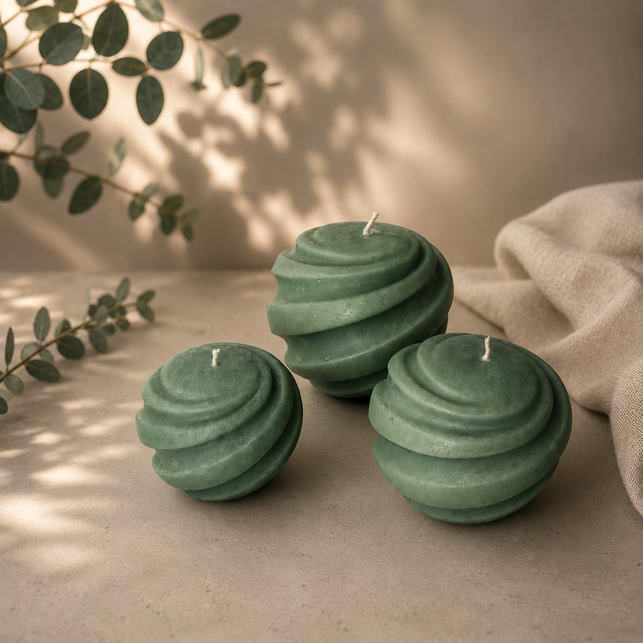 Nude Harmony spiral sphere candle set in sage green