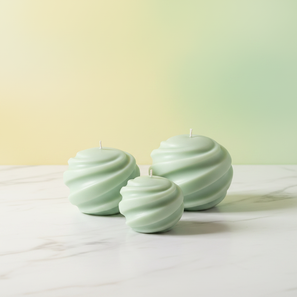 Sage green spiral sphere candles from the Nude Harmony collection